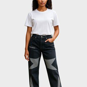 Romwe Flare Leg Jeans Black Gray Los Angeles Star Baggy Streetwear Western Y2K